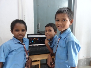 Kids saying Thank you to Ganesh Pradhan who donated his laptop to the school